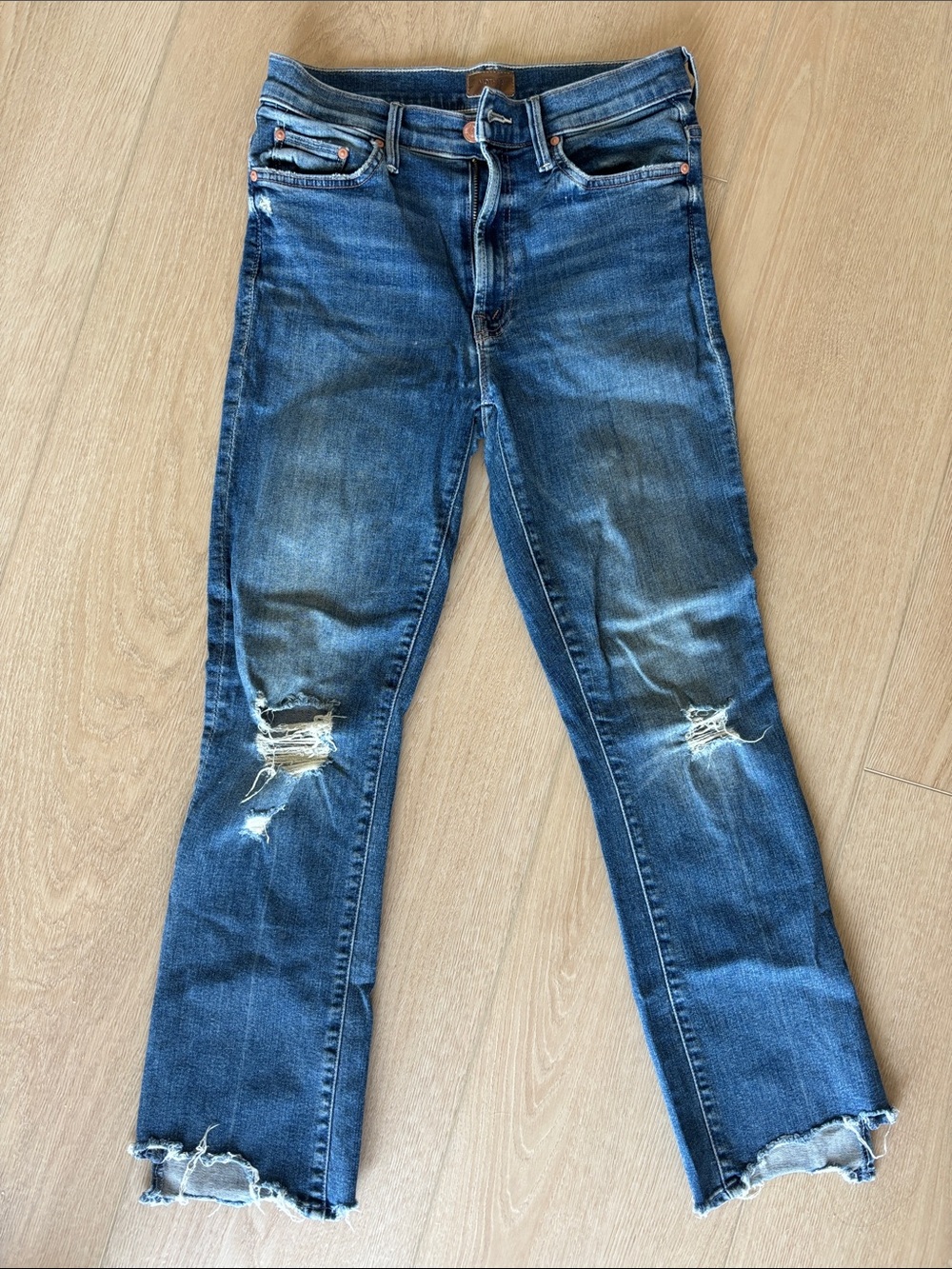 MOTHER Blue Distressed Jeans with Raw Hem